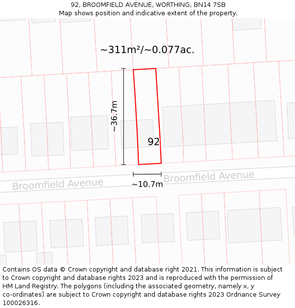 92, BROOMFIELD AVENUE, WORTHING, BN14 7SB: Plot and title map