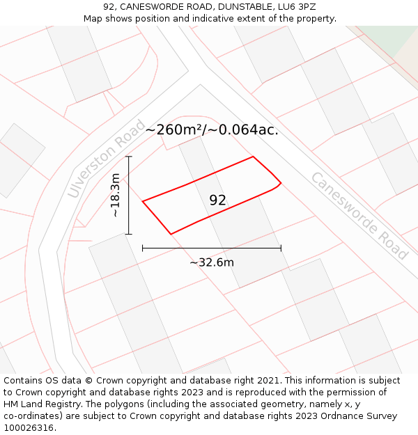 92, CANESWORDE ROAD, DUNSTABLE, LU6 3PZ: Plot and title map