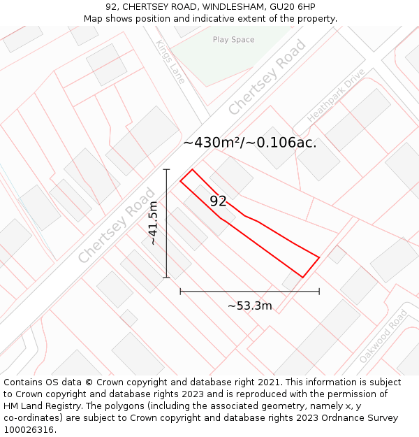 92, CHERTSEY ROAD, WINDLESHAM, GU20 6HP: Plot and title map