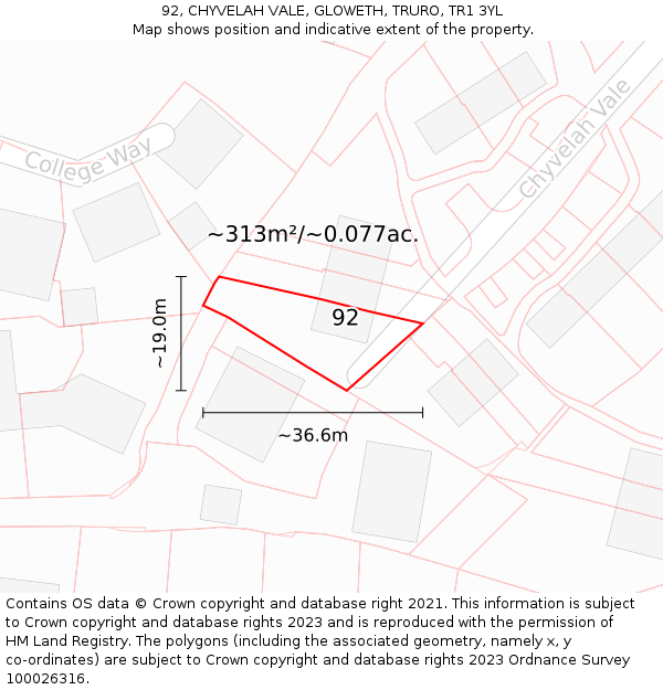 92, CHYVELAH VALE, GLOWETH, TRURO, TR1 3YL: Plot and title map