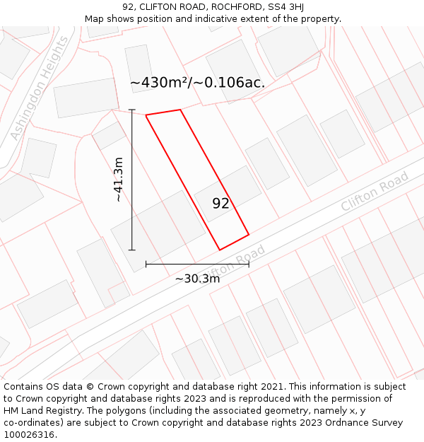 92, CLIFTON ROAD, ROCHFORD, SS4 3HJ: Plot and title map