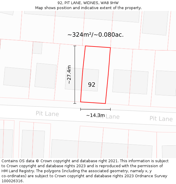 92, PIT LANE, WIDNES, WA8 9HW: Plot and title map