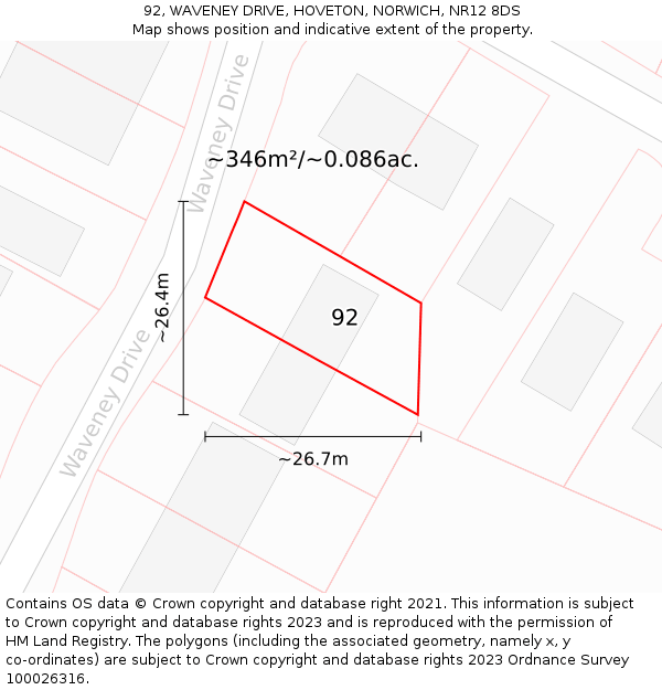 92, WAVENEY DRIVE, HOVETON, NORWICH, NR12 8DS: Plot and title map