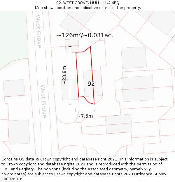 92, WEST GROVE, HULL, HU4 6RQ: Plot and title map