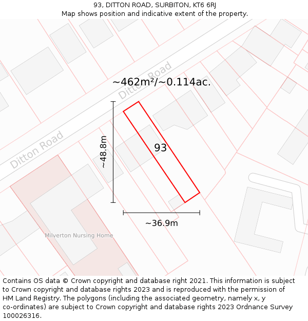 93, DITTON ROAD, SURBITON, KT6 6RJ: Plot and title map