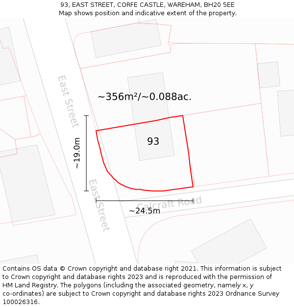 93, EAST STREET, CORFE CASTLE, WAREHAM, BH20 5EE: Plot and title map