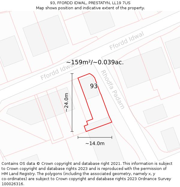 93, FFORDD IDWAL, PRESTATYN, LL19 7US: Plot and title map