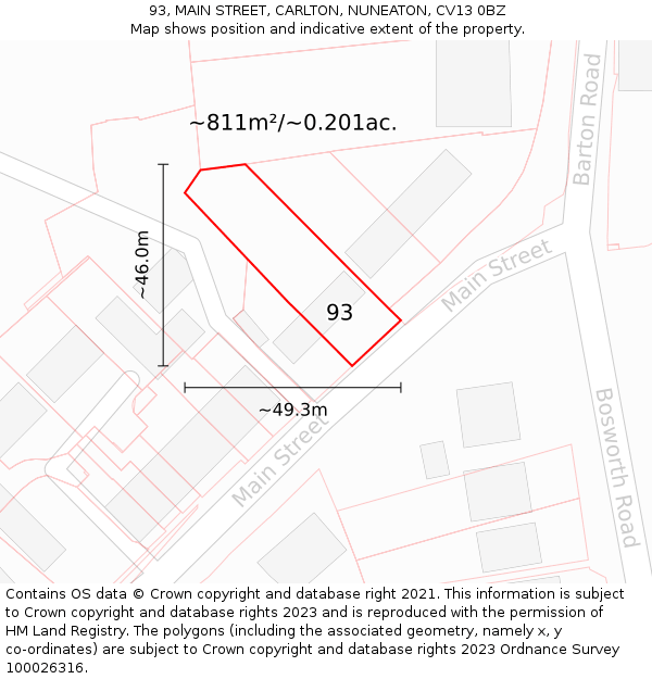 93, MAIN STREET, CARLTON, NUNEATON, CV13 0BZ: Plot and title map