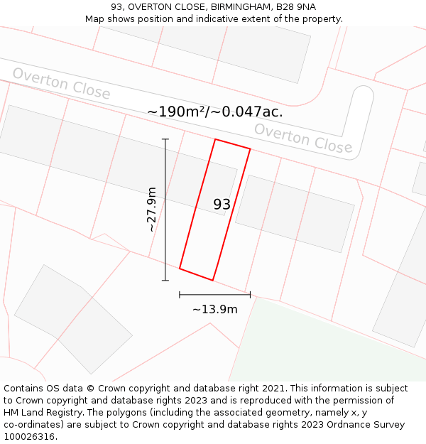 93, OVERTON CLOSE, BIRMINGHAM, B28 9NA: Plot and title map