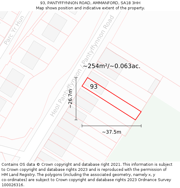 93, PANTYFFYNNON ROAD, AMMANFORD, SA18 3HH: Plot and title map