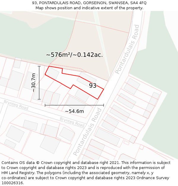 93, PONTARDULAIS ROAD, GORSEINON, SWANSEA, SA4 4FQ: Plot and title map