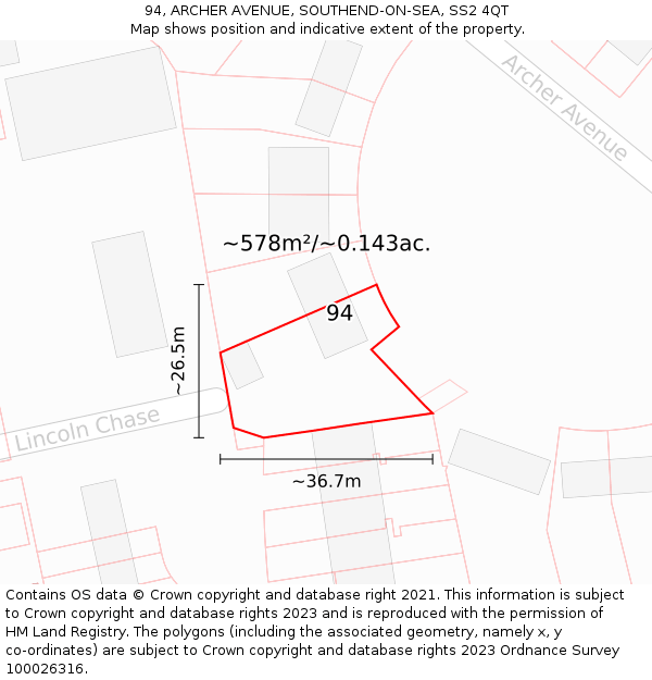 94, ARCHER AVENUE, SOUTHEND-ON-SEA, SS2 4QT: Plot and title map