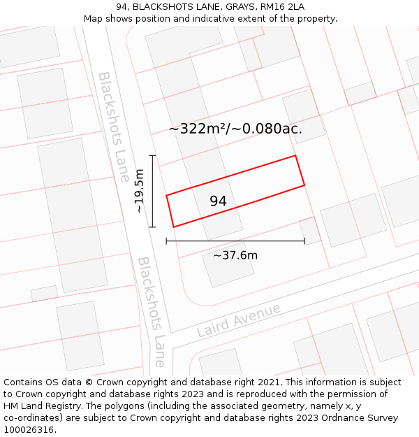 94, BLACKSHOTS LANE, GRAYS, RM16 2LA: Plot and title map