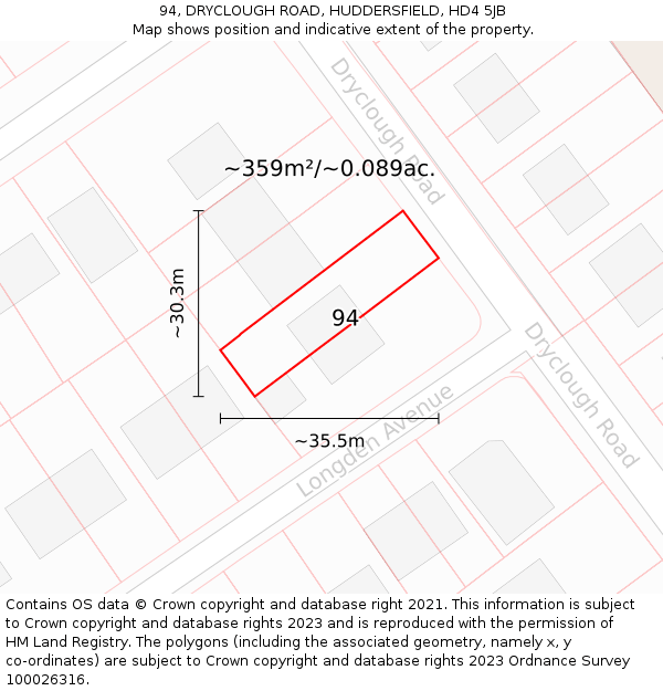 94, DRYCLOUGH ROAD, HUDDERSFIELD, HD4 5JB: Plot and title map