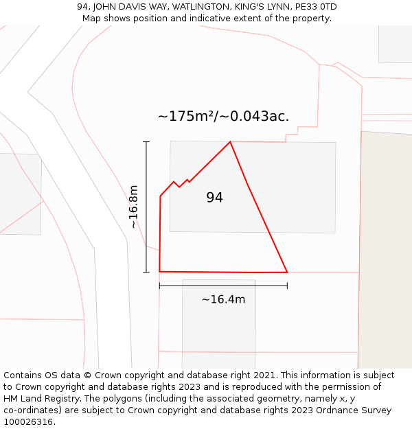 94, JOHN DAVIS WAY, WATLINGTON, KING'S LYNN, PE33 0TD: Plot and title map