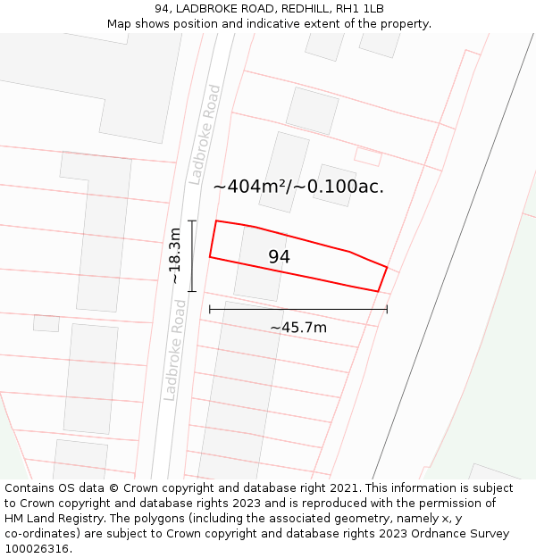 94, LADBROKE ROAD, REDHILL, RH1 1LB: Plot and title map