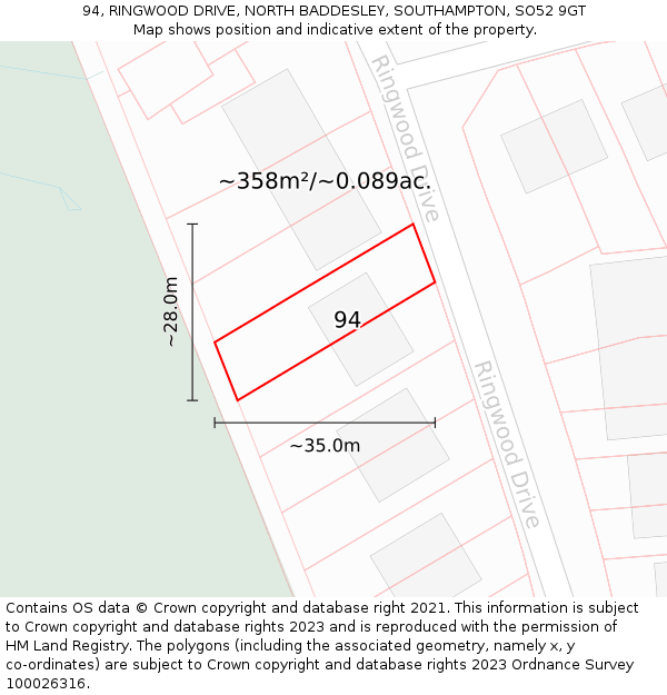 94, RINGWOOD DRIVE, NORTH BADDESLEY, SOUTHAMPTON, SO52 9GT: Plot and title map