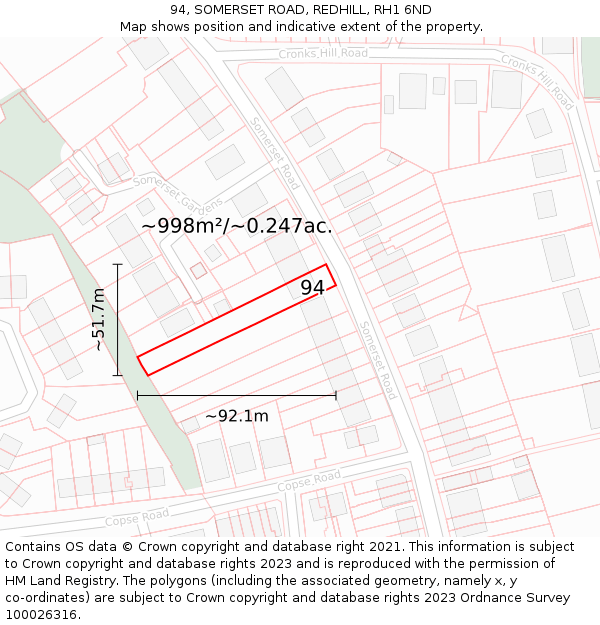 94, SOMERSET ROAD, REDHILL, RH1 6ND: Plot and title map