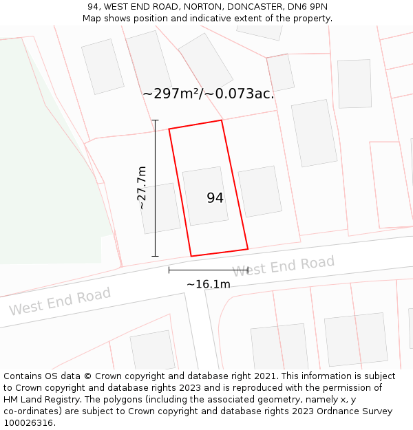 94, WEST END ROAD, NORTON, DONCASTER, DN6 9PN: Plot and title map