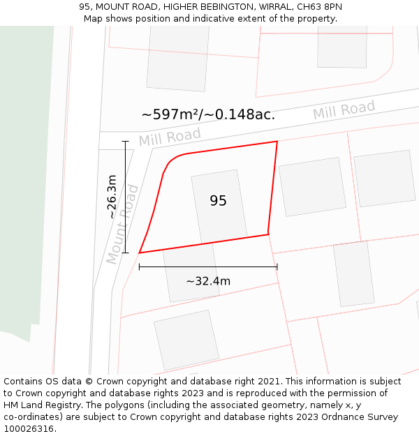 95, MOUNT ROAD, HIGHER BEBINGTON, WIRRAL, CH63 8PN: Plot and title map