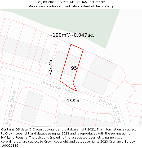 95, PRIMROSE DRIVE, MELKSHAM, SN12 6GD: Plot and title map