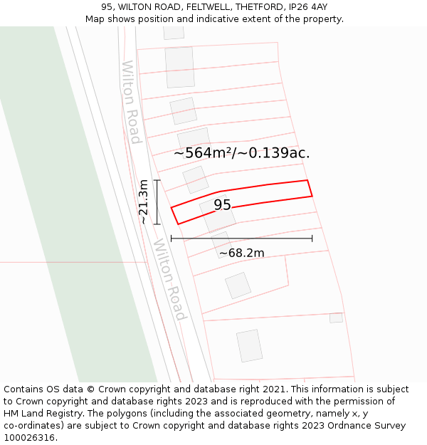 95, WILTON ROAD, FELTWELL, THETFORD, IP26 4AY: Plot and title map