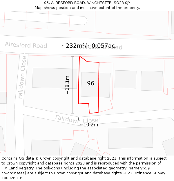 96, ALRESFORD ROAD, WINCHESTER, SO23 0JY: Plot and title map