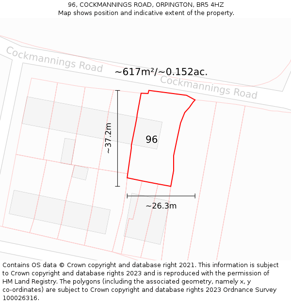 96, COCKMANNINGS ROAD, ORPINGTON, BR5 4HZ: Plot and title map