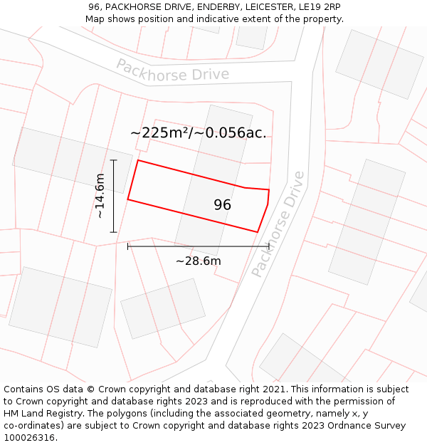 96, PACKHORSE DRIVE, ENDERBY, LEICESTER, LE19 2RP: Plot and title map