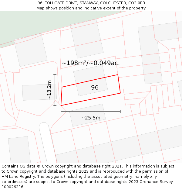 96, TOLLGATE DRIVE, STANWAY, COLCHESTER, CO3 0PR: Plot and title map