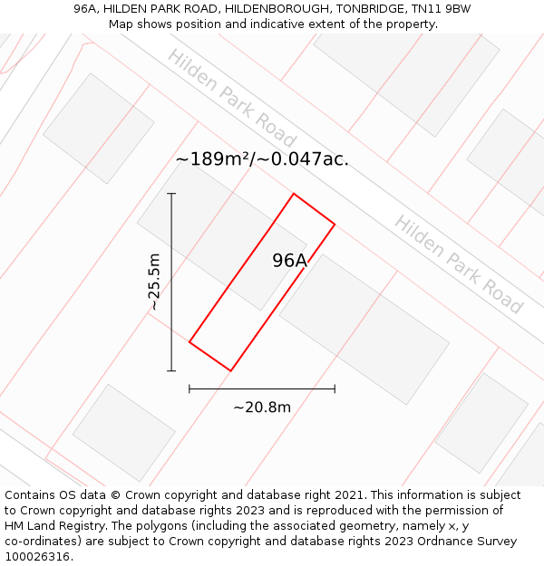 96A, HILDEN PARK ROAD, HILDENBOROUGH, TONBRIDGE, TN11 9BW: Plot and title map