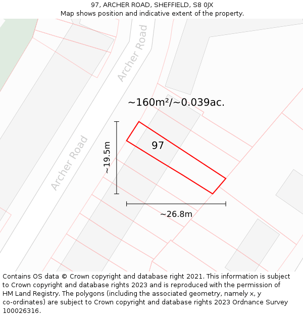 97, ARCHER ROAD, SHEFFIELD, S8 0JX: Plot and title map