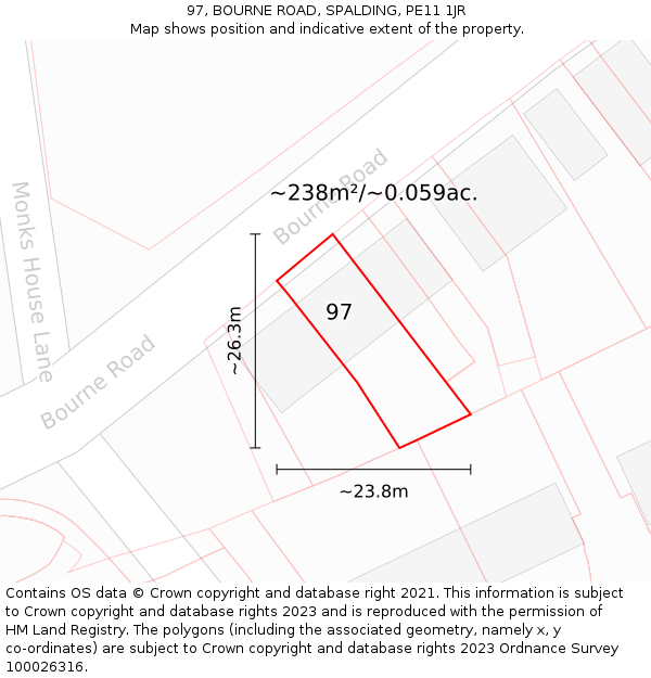 97, BOURNE ROAD, SPALDING, PE11 1JR: Plot and title map