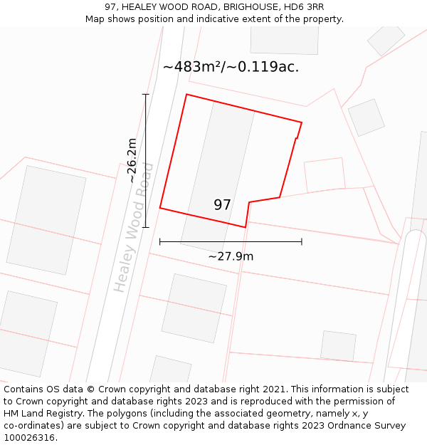 97, HEALEY WOOD ROAD, BRIGHOUSE, HD6 3RR: Plot and title map