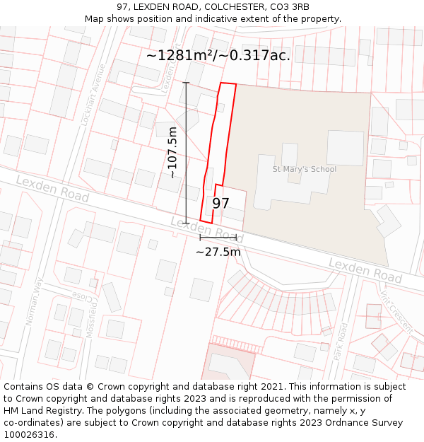 97, LEXDEN ROAD, COLCHESTER, CO3 3RB: Plot and title map