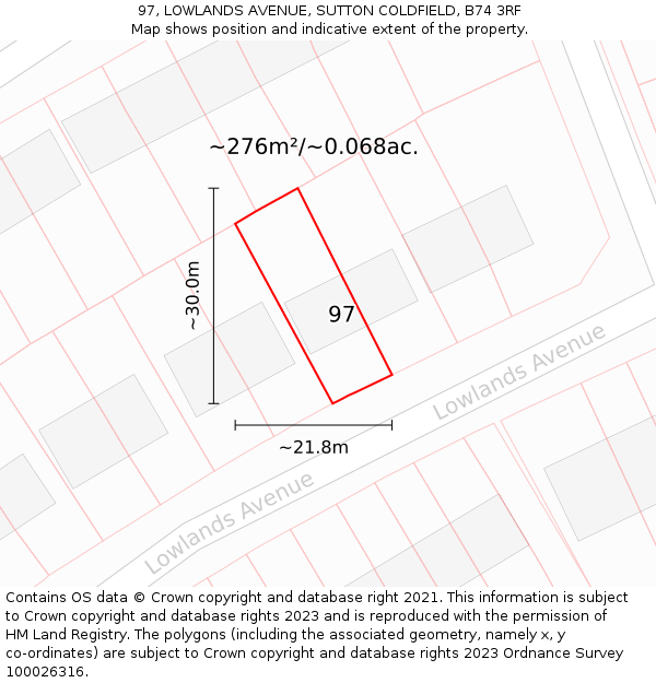 97, LOWLANDS AVENUE, SUTTON COLDFIELD, B74 3RF: Plot and title map