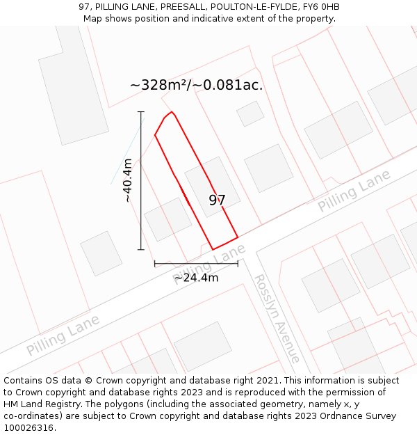 97, PILLING LANE, PREESALL, POULTON-LE-FYLDE, FY6 0HB: Plot and title map