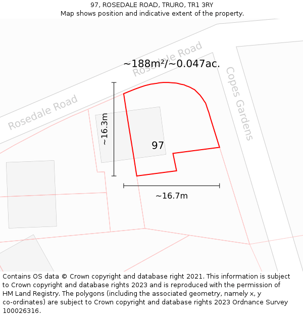 97, ROSEDALE ROAD, TRURO, TR1 3RY: Plot and title map