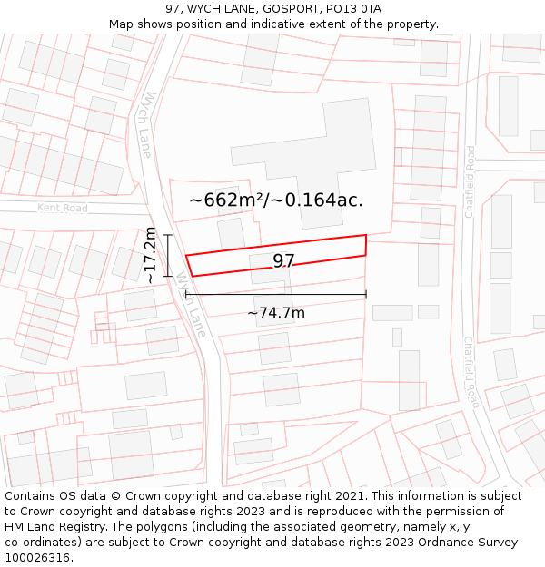 97, WYCH LANE, GOSPORT, PO13 0TA: Plot and title map