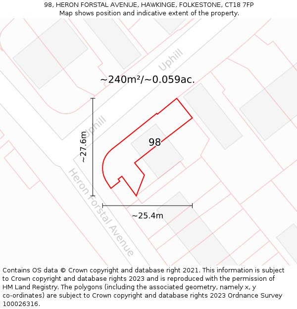 98, HERON FORSTAL AVENUE, HAWKINGE, FOLKESTONE, CT18 7FP: Plot and title map