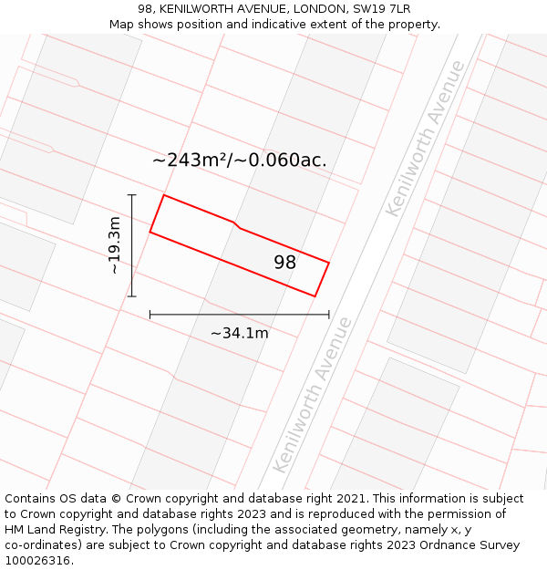 98, KENILWORTH AVENUE, LONDON, SW19 7LR: Plot and title map