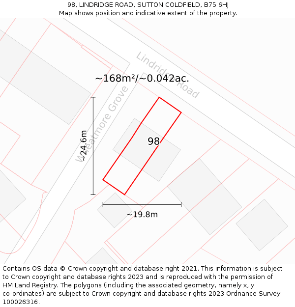 98, LINDRIDGE ROAD, SUTTON COLDFIELD, B75 6HJ: Plot and title map