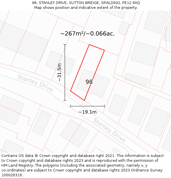 98, STANLEY DRIVE, SUTTON BRIDGE, SPALDING, PE12 9XQ: Plot and title map