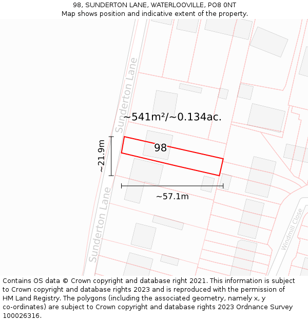 98, SUNDERTON LANE, WATERLOOVILLE, PO8 0NT: Plot and title map