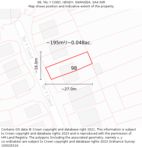 98, TAL Y COED, HENDY, SWANSEA, SA4 0XR: Plot and title map