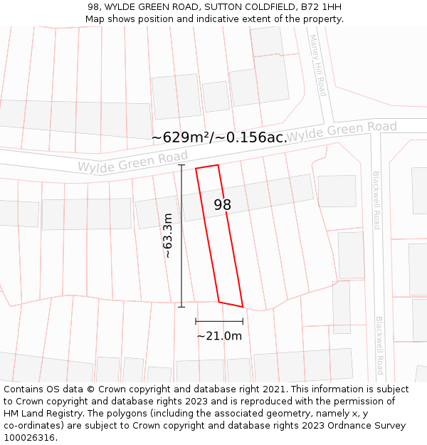 98, WYLDE GREEN ROAD, SUTTON COLDFIELD, B72 1HH: Plot and title map