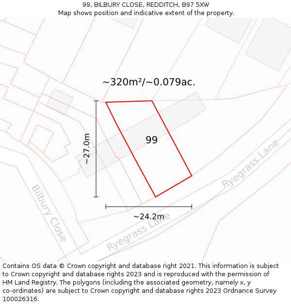 99, BILBURY CLOSE, REDDITCH, B97 5XW: Plot and title map