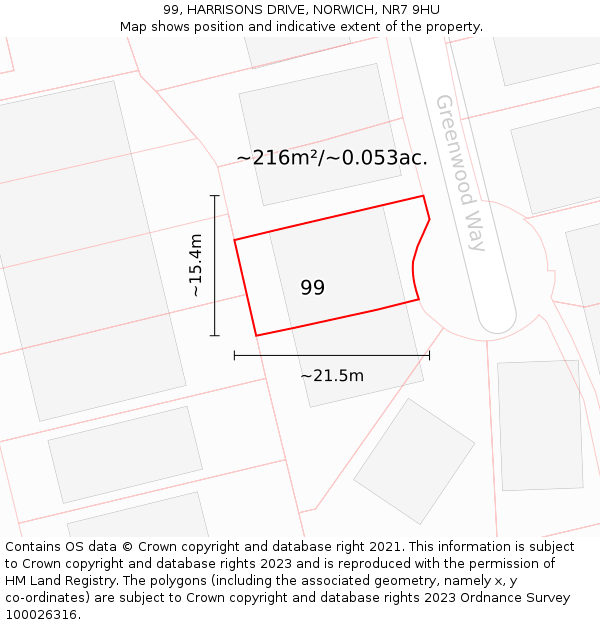 99, HARRISONS DRIVE, NORWICH, NR7 9HU: Plot and title map