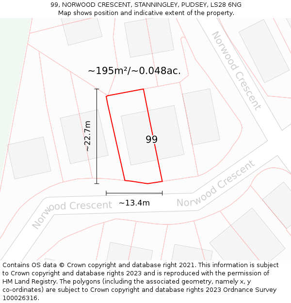 99, NORWOOD CRESCENT, STANNINGLEY, PUDSEY, LS28 6NG: Plot and title map