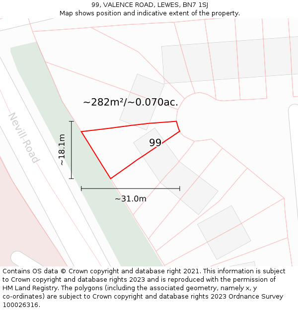 99, VALENCE ROAD, LEWES, BN7 1SJ: Plot and title map